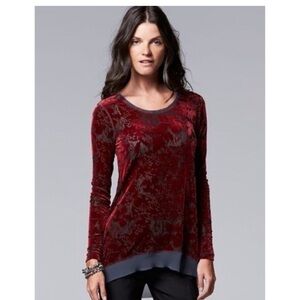 WHIMSIGOTH BURGUNDY BURNOUT VELVET LONG SLEEVED TOP SHEER DETAIL Y2K SIMPLY VERA